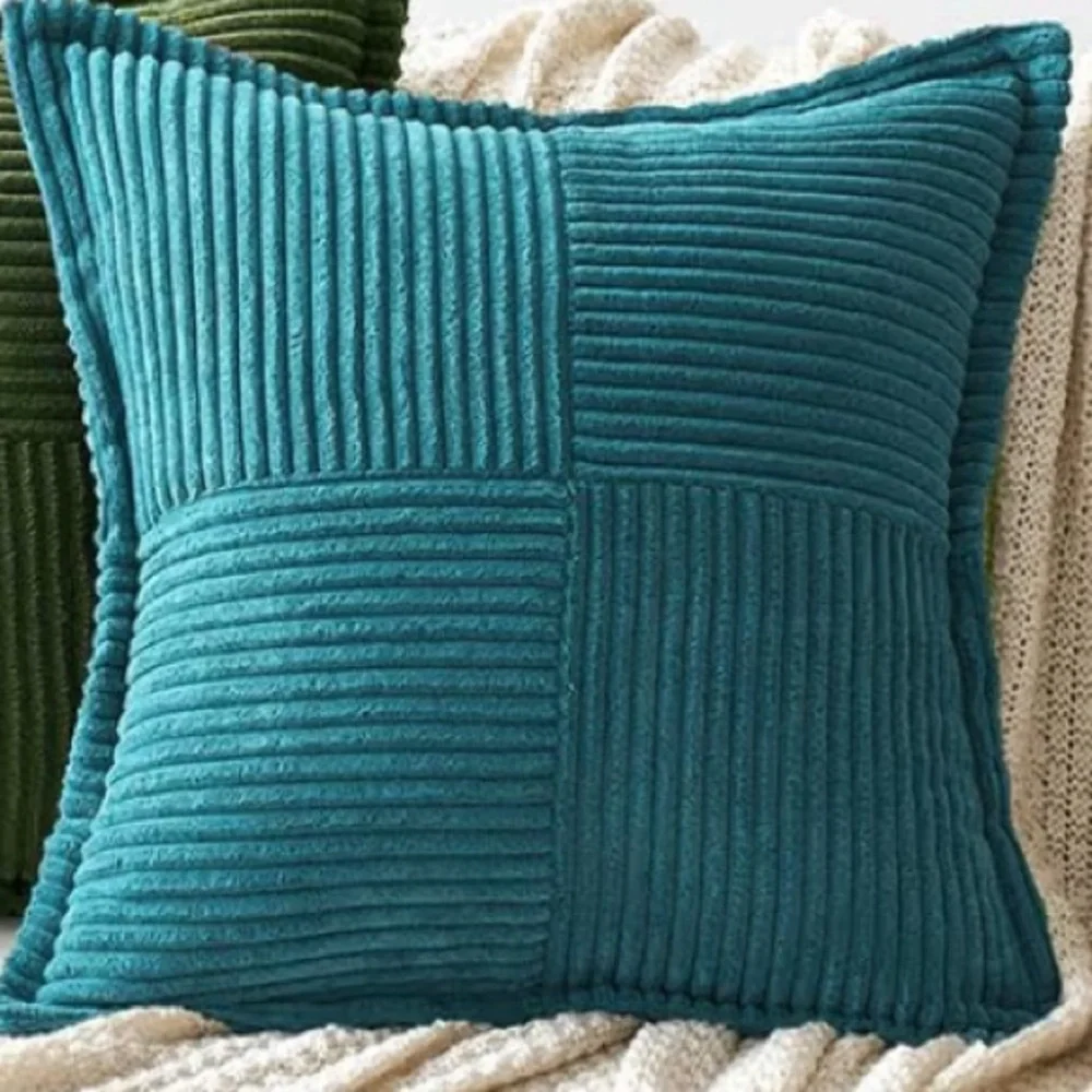 ‘Car Home Office Outdoors’ Striped Patchwork Corduroy Pillow Covers TEAL BLUE